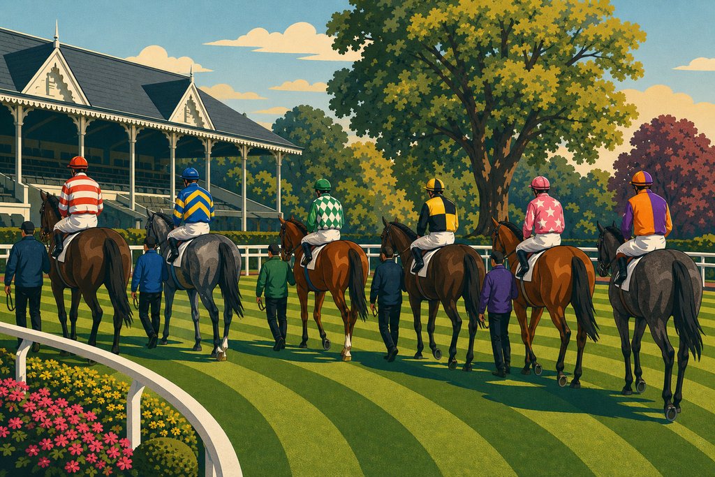 Illustration of the parade ring before a race: six racehorses with jockeys in different silks, led by grooms past a Victorian-style grandstand