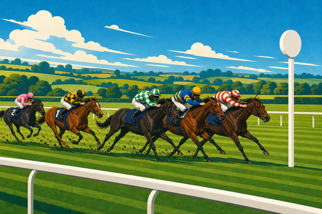Illustration of a close finish: three racehorses almost level at the winning post, with two more a little way behind