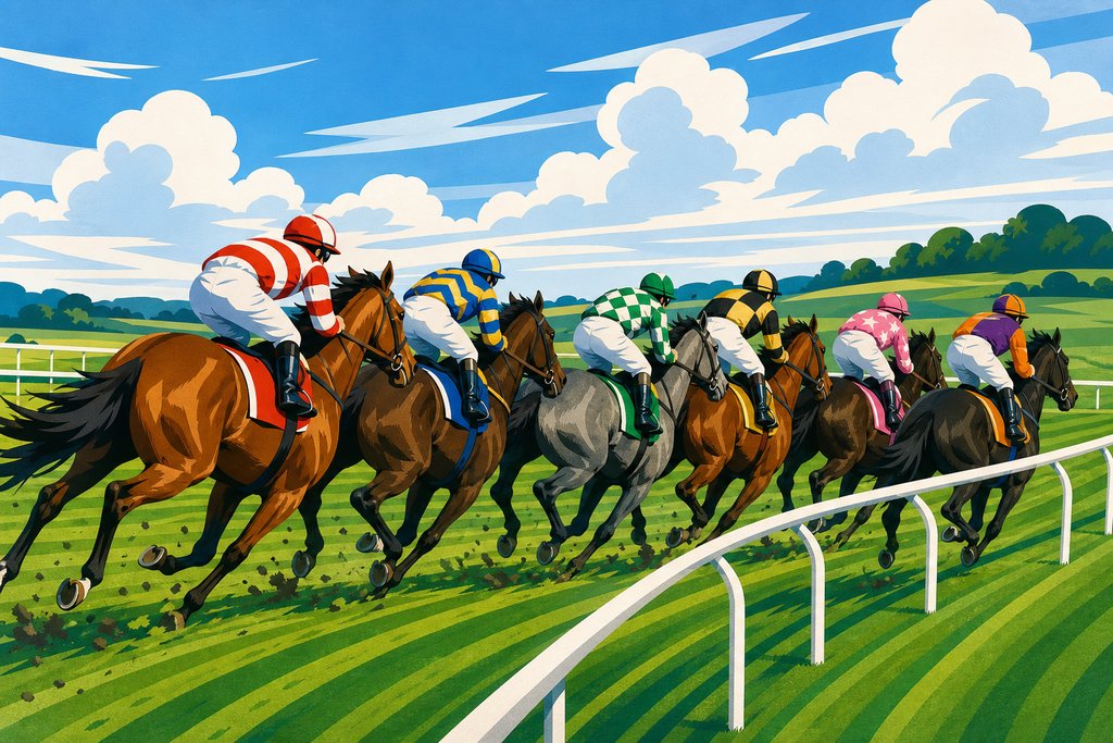 Illustration of six racehorses at full gallop rounding a grass bend, jockeys in hooped, chevron, diamond and quartered silks