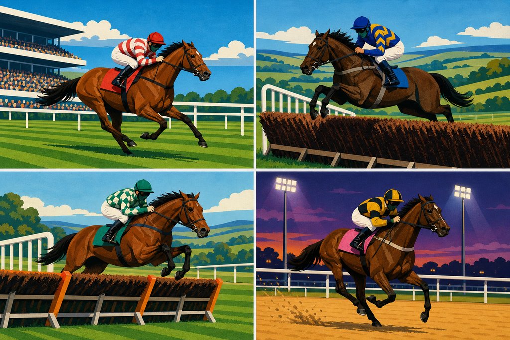 Illustration in four panels of four horses winning four races: on the Flat, over a fence, over a hurdle and on a floodlit all-weather track