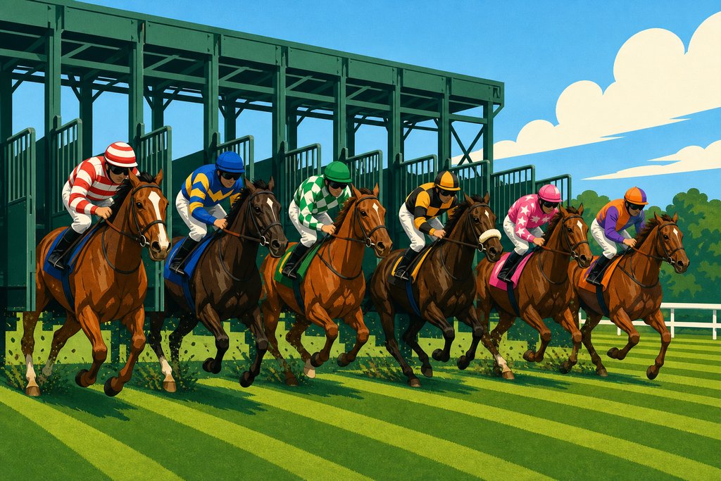 Illustration of six racehorses breaking together from green starting stalls at the start of a Flat race