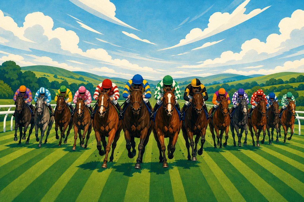 Illustration of a big field of racehorses galloping head-on down a wide straight course, spread right across the track