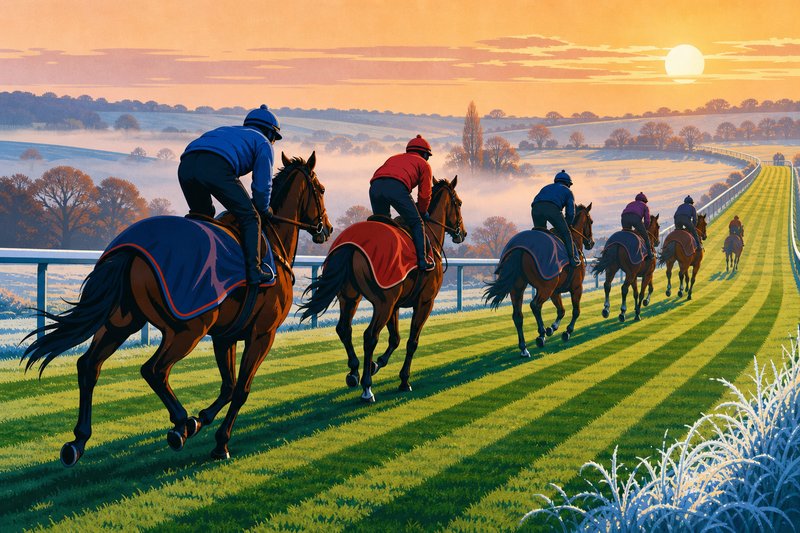 Illustration of a string of rugged racehorses walking up a frosty gallop at sunrise