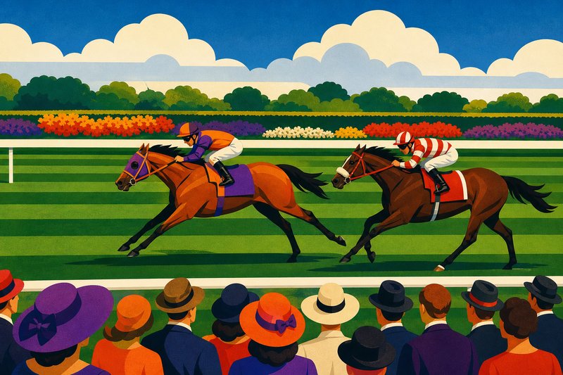Illustration of two racehorses racing side by side in front of flower beds, with a crowd of racegoers in hats in the foreground