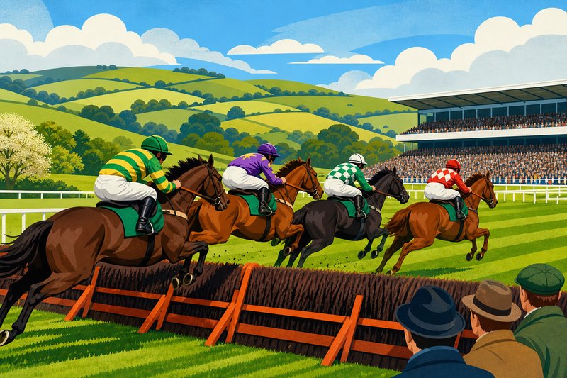 Illustration of racehorses clearing a hurdle in front of rolling green hills, with a packed grandstand to one side