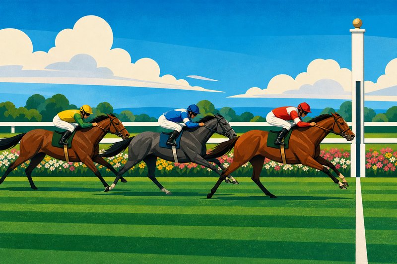 Illustration of three racehorses at full stretch approaching the winning post, a white pole on the right of the picture