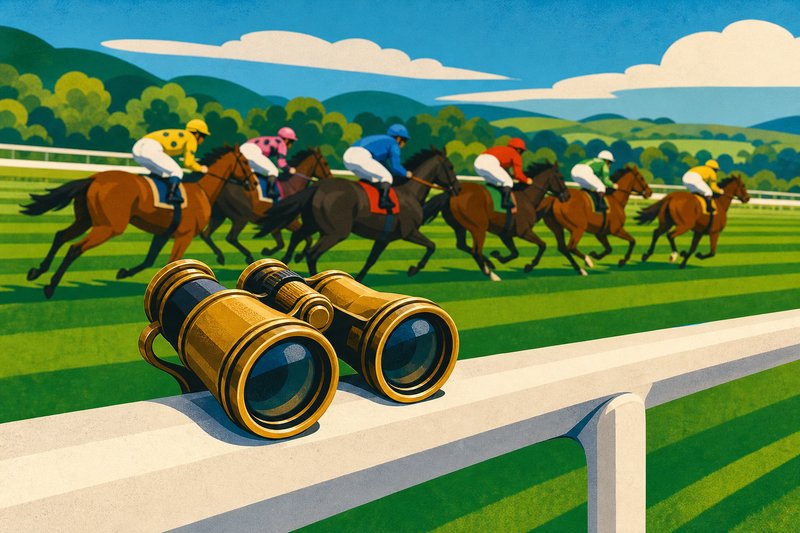 Illustration of a pair of binoculars resting on a white running rail as a field of racehorses gallops past