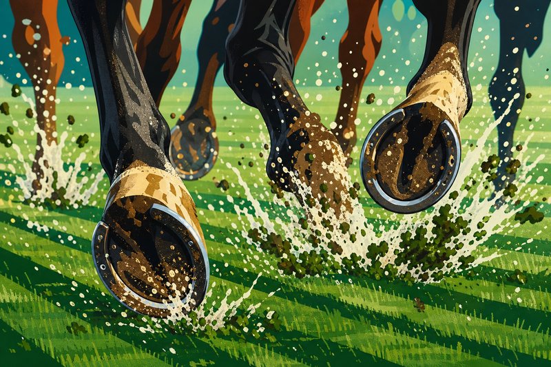 Close-up illustration of shod hooves striking wet turf, throwing up mud and water