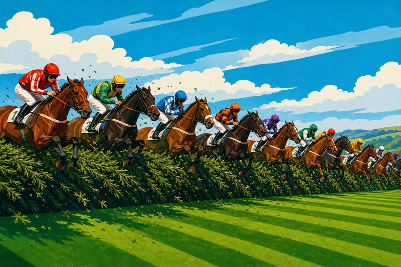 Illustration of a big field of racehorses jumping a large spruce fence together on a wide open course