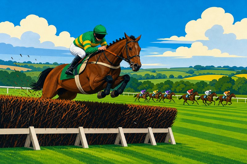 Illustration of a horse and jockey in green and yellow silks jumping a brush fence, with the rest of the field behind