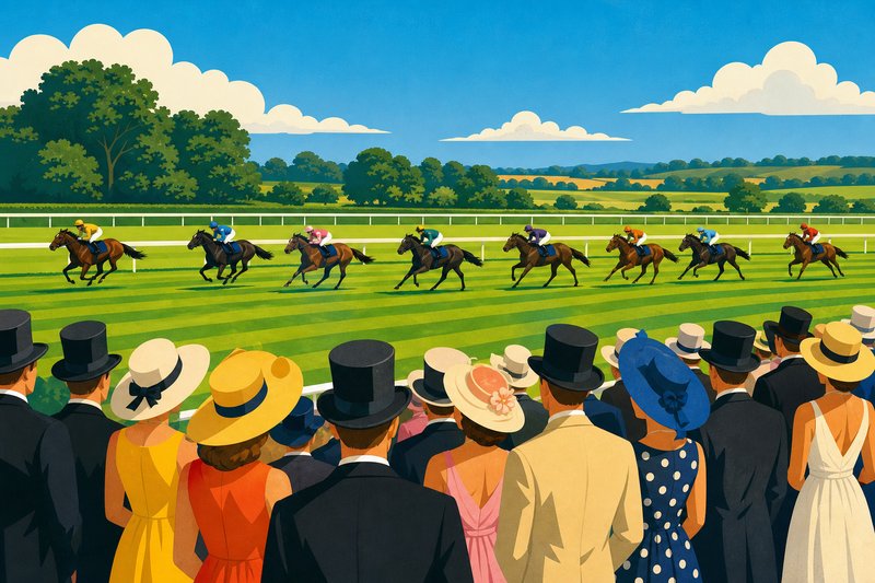 Illustration of a Flat race on a long straight course in summer, watched by a crowd in formal hats seen from behind
