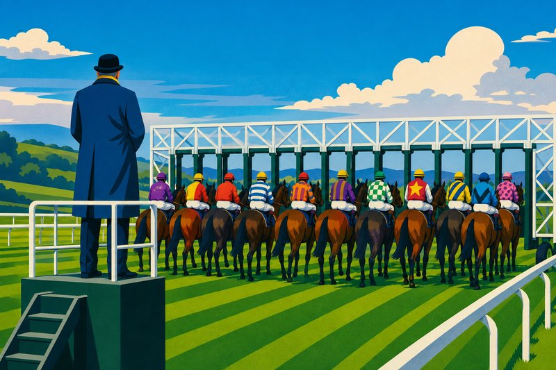 Illustration of a starter in a long coat on his rostrum, watching a line of horses and jockeys at the starting stalls