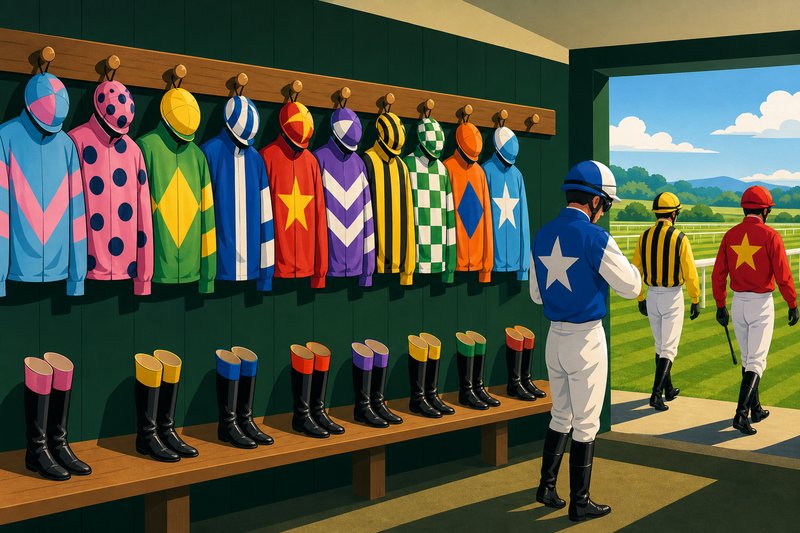 Illustration of a weighing-room wall of brightly patterned jockeys silks on pegs above rows of riding boots, with jockeys walking out to the course