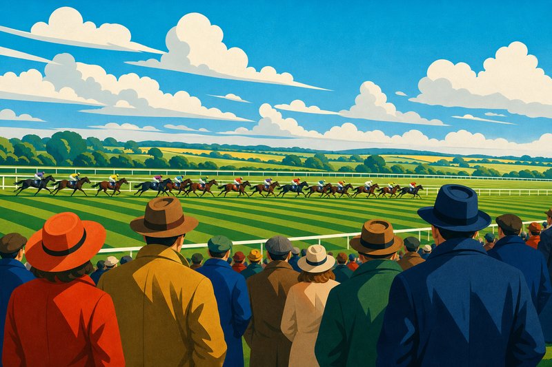 Illustration of racegoers in hats watching from the rail as a field of horses runs along the far side of the course