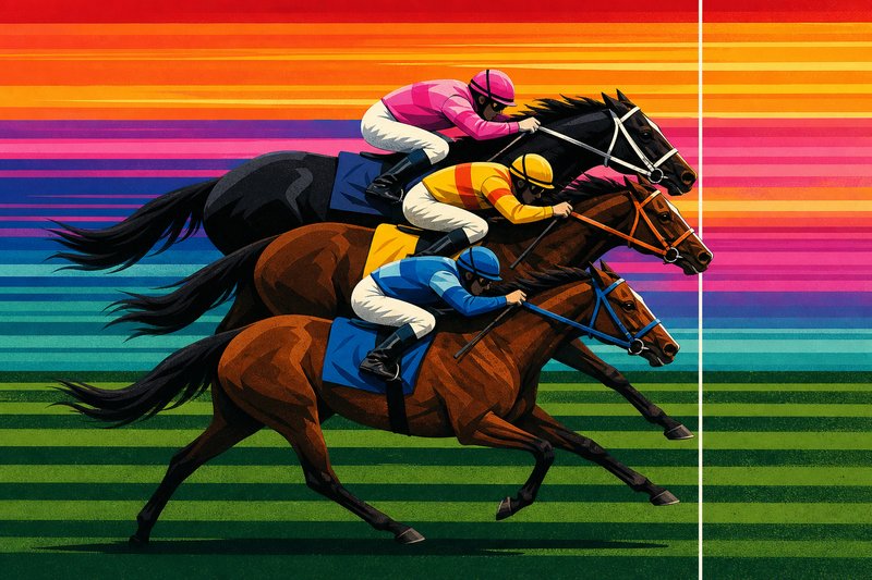 Illustration of three horses and jockeys in pink, yellow and blue silks racing neck and neck to a finish line, against a striped sky